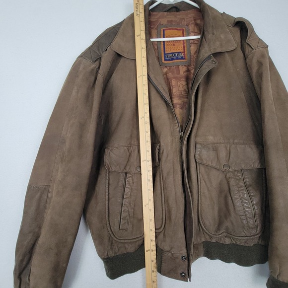 STRUCTURE VINTAGE BROWN GENUINE LEATHER BOMBER JACKET MENS LARGE FULL ZIP Y2K - Picture 15 of 16
